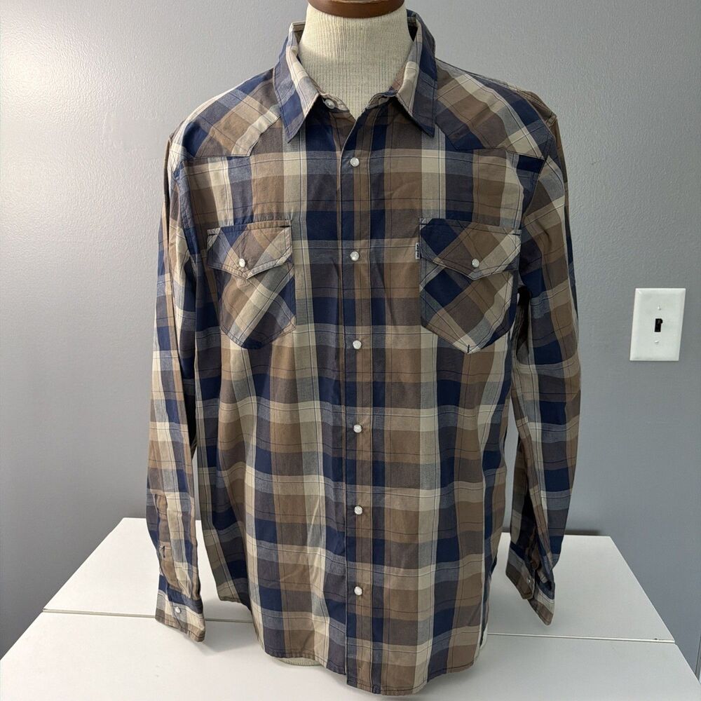 Levi Strauss Shirt Mens XL Button Up Plaid Western Pearl Snap Long Sleeve